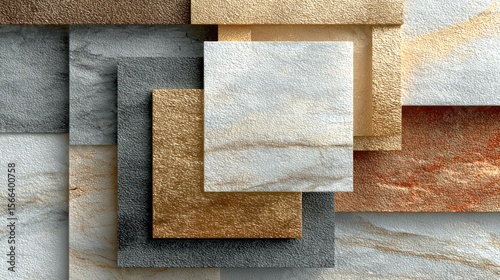 Abstract geometric composition with textured metallic and marble squares