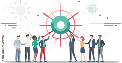 Group of people working together to turn a wheel representing teamwork and collaboration success