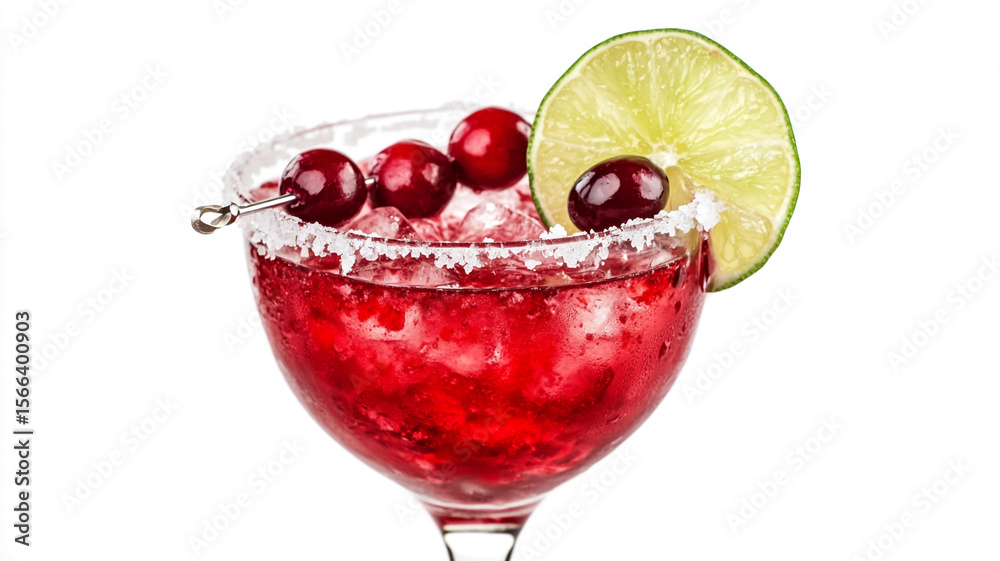 Vibrant cranberry margarita with a salted rim, fresh cranberries, and a lime wedge, isolated on white. Vibrant cranberry margarita with a salted rim, fresh cranberries, and a lime wedge, isolated on white.