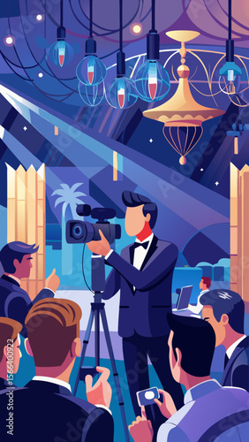 A man in a suit is taking a picture of a man in a tuxedo. There are several other people in the background