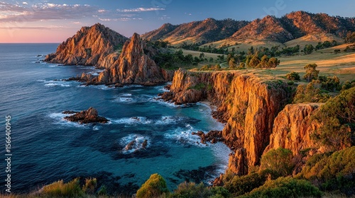 Coastal sunset landscape dramatic cliffs and ocean view
