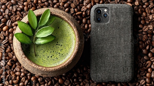 Matcha tea and phone case on coffee beans overhead flatlay