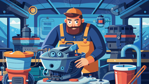 A man is working on a robot in a workshop. The robot is made of metal and has a large head. The man is wearing a blue shirt and a yellow vest. The workshop is filled with various tools and equipment
