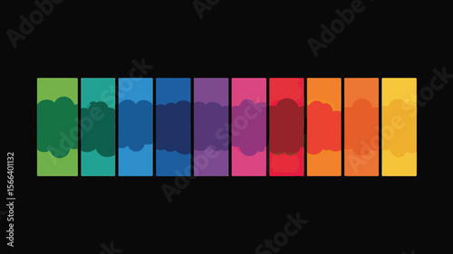 A row of colorful vertical rectangles with cloud like shapes on a black background in a flat style