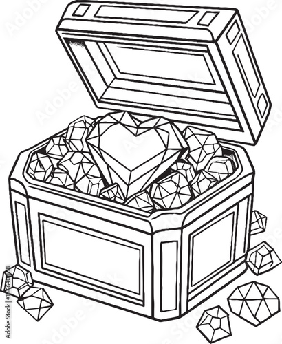 Heart-Shaped Diamond in Treasure Chest Full of Sparkling Gems