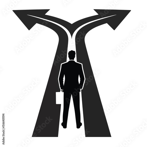 Black and white vector of businessperson at forked road with arrows pointing in opposite directions