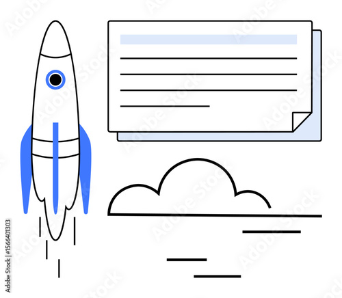 Rocket ascending with blue accents, documents, and a cloud as backdrop. Ideal for innovation, startup, technology, growth, strategy progress creativity. Represents a simple flat metaphor