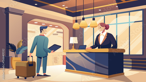 A man is standing in front of a hotel desk with a suitcase. A woman is behind the desk