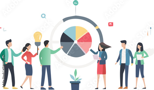 Team members collaborating around a pie chart with lightbulb and plant illustration design