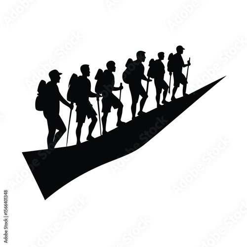 Group of hikers with backpacks and poles walking uphill