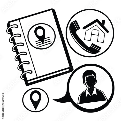 Contact book with address phone and person icons for easy reference