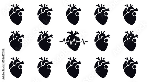 Anatomical Heart Vector Icon Set – Human Heart Silhouettes for Medical, Health, Anatomy, Biology, and Cardiology Projects. Includes Heartbeat and Organ Symbols in Clean Vector Format.