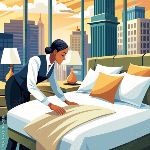 A woman in a hotel room is making the bed. The room has a city view and the woman is wearing a blue vest
