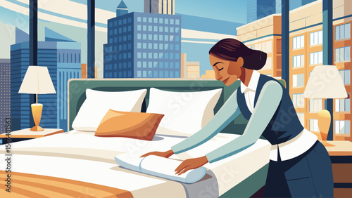 A woman in a hotel room is making the bed. The room has a city view and the woman is wearing a blue vest