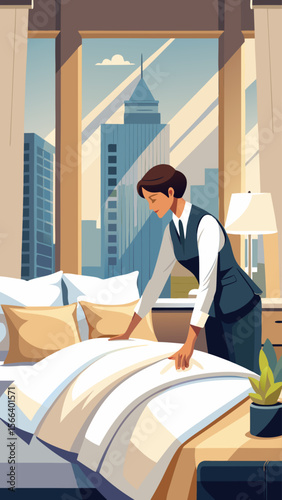 A woman in a hotel room is making the bed. The room has a city view and the woman is wearing a blue vest