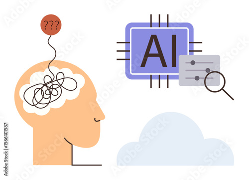 Tangled thoughts in a human brain linked to AI chip and cloud, representing problem-solving, technology, innovation, machine learning, data analysis, cloud computing, future, simple flat metaphor