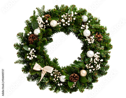 Elegant holiday wreath with lush green foliage, sparkling ornaments, and a charming decorative bow.