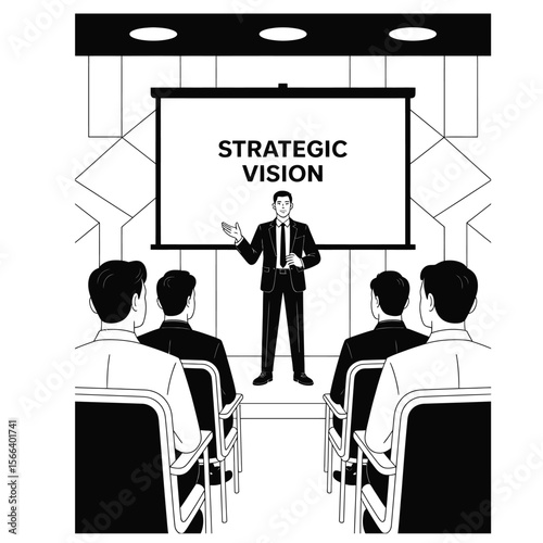 Black and white vector of confident presenter delivering strategic vision to audience in minimalist setting