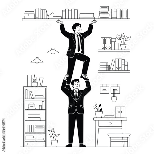 Black and white vector of businessman lifting teammate to reach high shelf in teamwork concept illustration