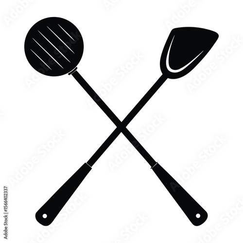 Kitchen utensils crossed a simple black silhouette of a ladle and spatula for culinary designs