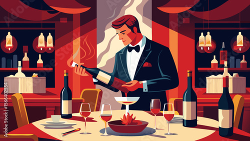 A man in a suit is pouring wine into a glass. The image is of a restaurant setting with a man in a suit pouring wine
