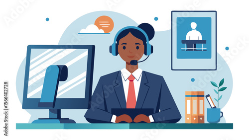 A man in a suit is sitting at a desk with a computer and a cup. He is wearing a headset and he is working on a computer
