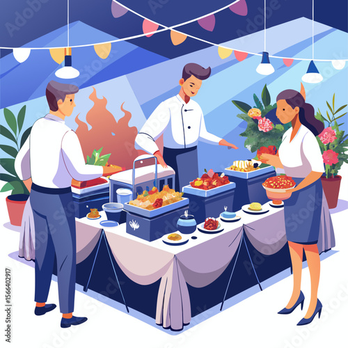 A group of people are standing around a buffet table, with a woman in an apron holding a tray of food. The scene is set in a restaurant or banquet hall, with a blue and white color scheme