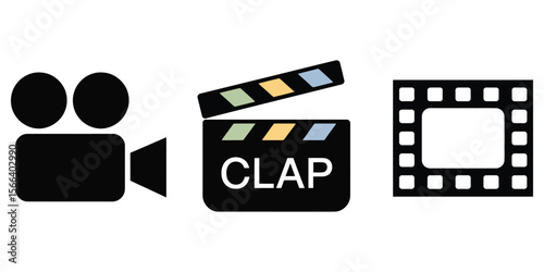 Black Pictogram of Movie Camera, Clapperboard, Film Strip on Transparent Background