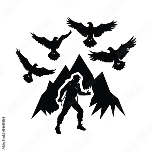 Silhouette climber surrounded by soaring eagles and jagged mountains