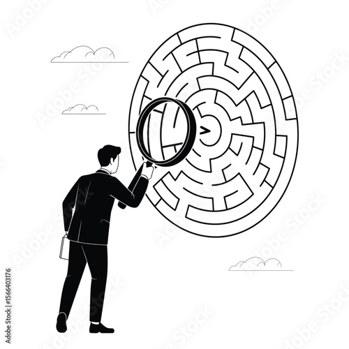 Businessperson holding magnifying glass over maze searching for right path black and white vector illustration