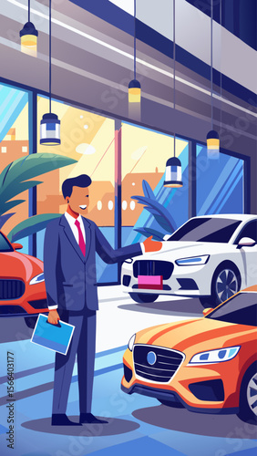Three men are standing in a car dealership, one of them is holding a car key. Scene is professional and business-like