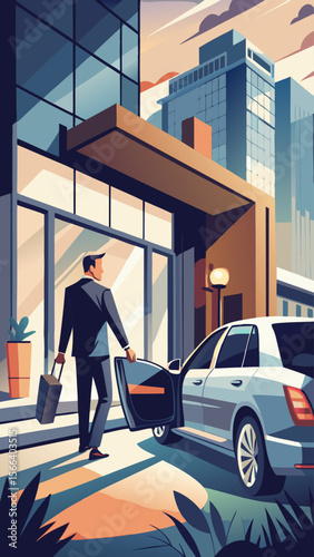 A man in a suit is walking towards a black car with a briefcase in his hand. The car is parked in front of a building with a glass entrance. The scene suggests a professional setting