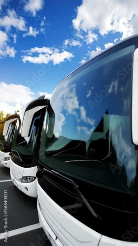Row of modern white passenger buses parked under a bright blue sky with fluffy clouds reflecting in the windshields, coach vehicles travel