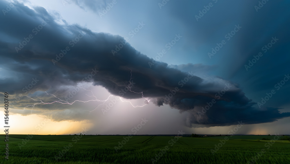 Dramatic storm clouds gather over fields and mountains, darkening the summer sky with approaching rain Dramatic storm clouds gather over fields and mountains, darkening the summer sky with approaching rain