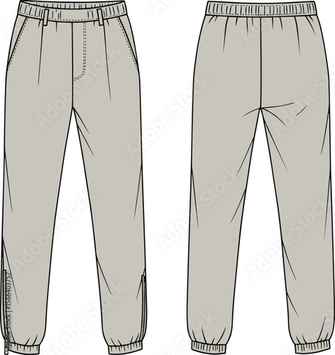 Jogger pants front and back view, cad fashion flat, technical vector drawing, elastic waist pants, clothing design sketch template