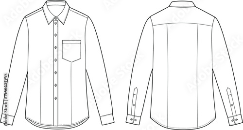 Long sleeve button-up shirt front and back technical sketch, pocket detail, cuff placket design, cad drawing flat vector illustration