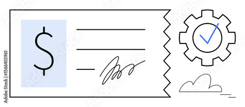 Financial check with dollar sign, signature, and security gear with checkmark. Ideal for payment process, finance, banking, security, verification accounting efficiency. A simple flat metaphor