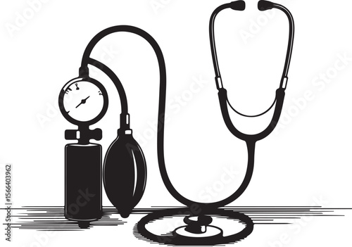  blood pressure monitor silhouette, black vector illustration with pulse line, gauge, and inflation bulb for health diagnostics