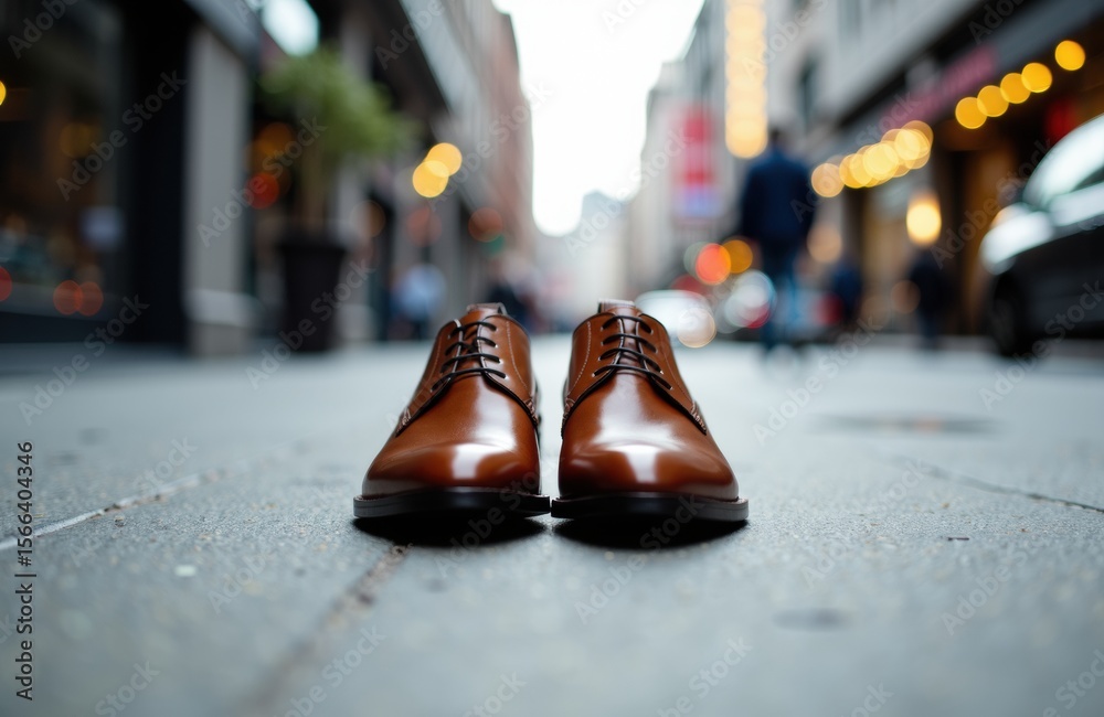 Obraz premium A pair of polished brown leather shoes placed on an urban sidewalk with blurred city lights in the background