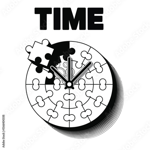 Complex clock made of interlocking puzzle pieces black and white vector illustration