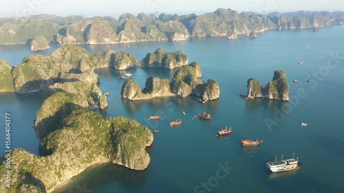 Multiple tourist boats are sailing in Ha Long Bay, Vietnam, near some characteristic rocky islands