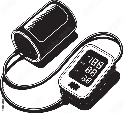 digital blood pressure monitor silhouette with cuff and display screen showing systolic, diastolic, and pulse readings in black vector style