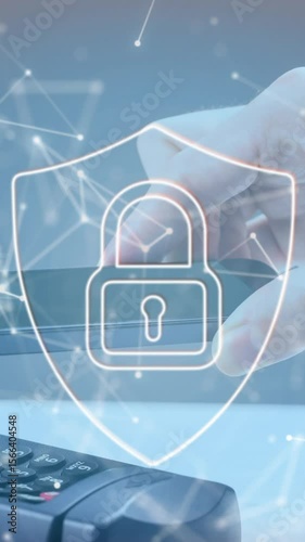 Animation of network of connections and security padlock on shield over payment terminal