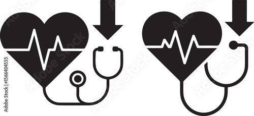 heart and blood pressure monitor silhouette, black vector illustration with pulse line, gauge, and inflation bulb for health diagnostics