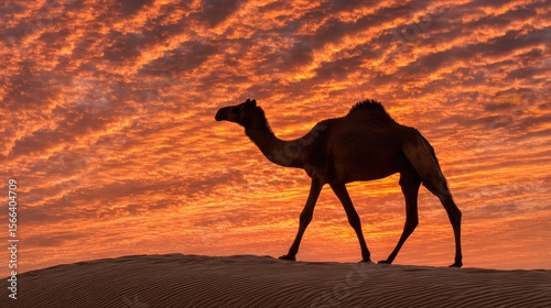 Silhouette of a Camel at Sunset in the Desert