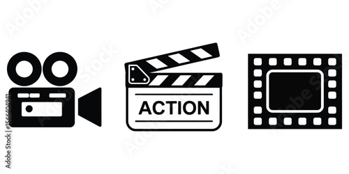 Film Slate, Camera, and Strip Icon with Transparent Background in Flat Style