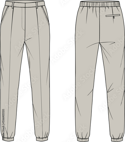 Men’s jogger pants fashion cad drawing, flat front and back vector illustration, elastic hem, casual trousers, technical design template