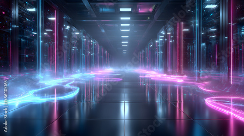 Wallpaper Mural Futuristic cyberpunk server room illuminated by neon blue lights, highlighting advanced technology for IT presentations, digital marketing, and tech industry visuals. Torontodigital.ca