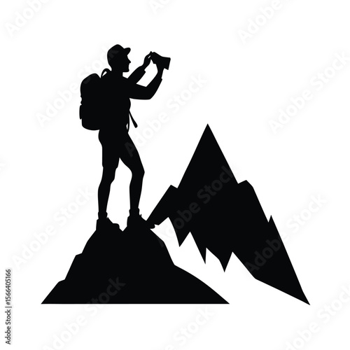 Silhouette hiker with backpack taking photo on mountain peak