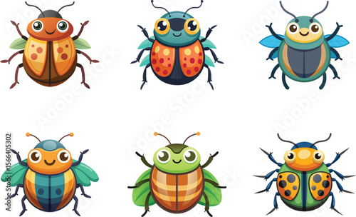 Collection of six brightly colored cartoon beetle illustrations with cheerful expressions